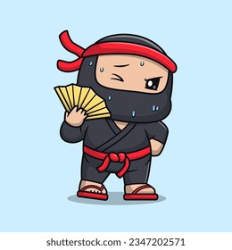 Cute Ninja Stiflingly Hot With Handheld Fan Cartoon Vector Icon Illustration. People Holiday Icon Concept Isolated Premium Vector. Flat Cartoon Style