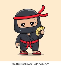 Cute Ninja Stiflingly Hot Holding Handheld Fan Cartoon Vector Icon Illustration. People Holiday Icon Concept Isolated Premium Vector. Flat Cartoon Style