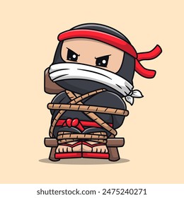 Cute Ninja Strapped On Chair Cartoon Vector Icon Illustration. People Holiday Icon Concept Isolated Premium Vector. Flat Cartoon Style