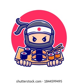 Cute Ninja With Sushi Cartoon Vector Icon Illustration. People Food Icon Concept Isolated Premium Vector. Flat Cartoon Style