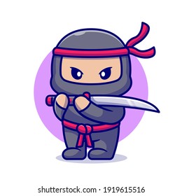 Cute Ninja With Sword Cartoon Vector Icon Illustration. People Fashion Icon Concept Isolated Premium Vector. Flat Cartoon Style