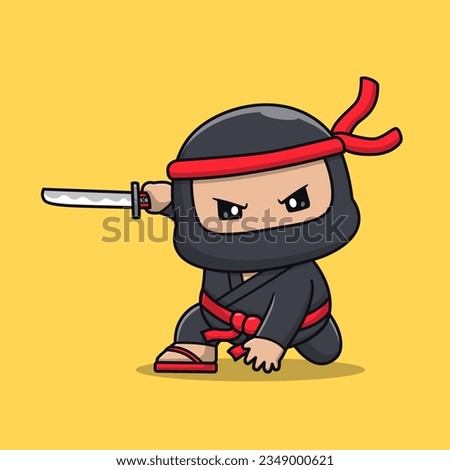 Cute Ninja With Sword Cartoon Vector Icon Illustration. People Holiday Icon Concept Isolated Premium Vector. Flat Cartoon Style