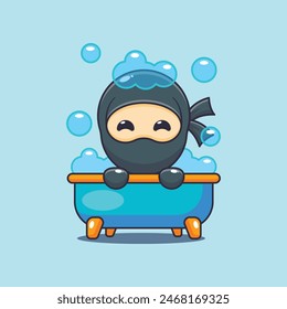 Lindo ninja tomando baño de burbujas en la Ilustración vectorial de dibujos animados bañera. Vector de dibujos animados Ilustración adecuada para el cartel, folleto, Web, mascota, etiqueta engomada, logotipo e icono.