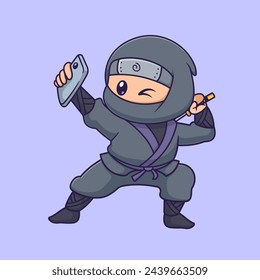 Cute Ninja Taking Selfie With Phone Cartoon Vector Icon Illustration. People Technology Icon Concept Isolated Premium Vector. Flat Cartoon Style