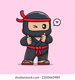 Cute Ninja With Thumbs Up Cartoon Vector Icon Illustration. People Holiday Icon Concept Isolated Premium Vector. Flat Cartoon Style