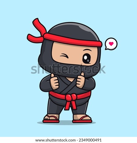 Cute Ninja With Thumbs Up Cartoon Vector Icon Illustration. People Holiday Icon Concept Isolated Premium Vector. Flat Cartoon Style