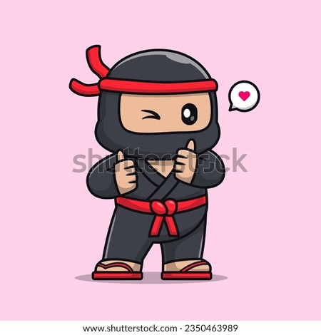 Cute Ninja With Thumbs Up Cartoon Vector Icon Illustration. People Holiday Icon Concept Isolated Premium Vector. Flat Cartoon Style