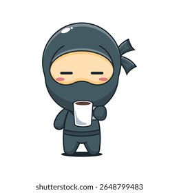 Ninja bonito está cansado e sonolento segurando café desenho animado vetor ilustração
