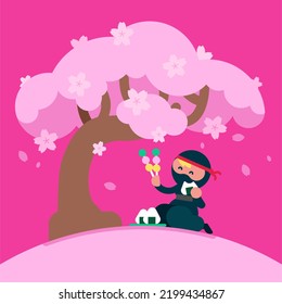 Cute ninja with traditional ninja suit Sitting under sakura tree and eating Onigiri, Tiny ninja kid eating Dango under genus Prunus, Flat avatar vector illustration.