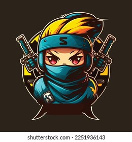 Cute Ninja with two swords esports mascot design, gaming logo template, illustration