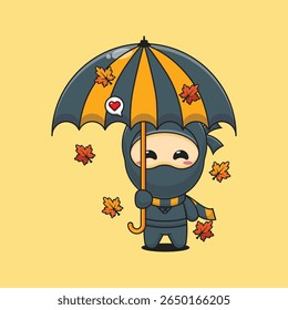 Ninja bonito com guarda-chuva na ilustração do vetor do desenho animado do outono