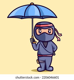 Cute ninja with umbrella vector illustration