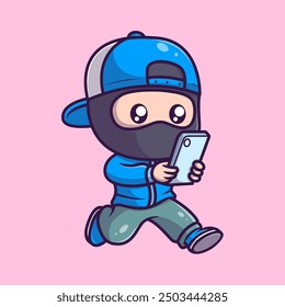 Cute ninja using handphone cartoon icon illustration