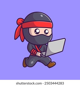 Cute ninja using laptop cartoon icon illustration