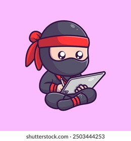 Cute ninja using tablet cartoon icon illustration