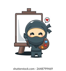 Cute ninja wants to paint on canvas cartoon vector illustration