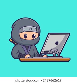 Cute Ninja Working On Computer Cartoon Vector Icon Illustration. People Technology Icon Concept Isolated Premium Vector. Flat Cartoon Style