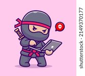 Cute Ninja Working On Laptop Cartoon Vector Icon Illustration People Technology Icon Concept Isolated Premium Vector. Flat Cartoon Style