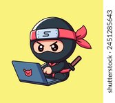 Cute ninja working on laptop cartoon vector illustration