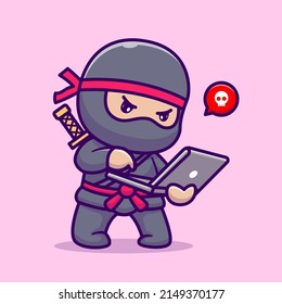 Cute Ninja Trabajando En Portátiles Vector Icono Ilustración Gente Icono De La Tecnología Concepto Vector Premium Aislado. Estilo de dibujo plano