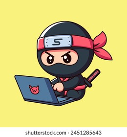 Lindo ninja trabajando en la Ilustración vectorial de dibujos animados portátil