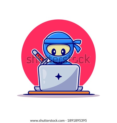 Cute Ninja Working On Laptop Cartoon Vector Icon Illustration. People Technology Icon Concept Isolated Premium Vector. Flat Cartoon Style