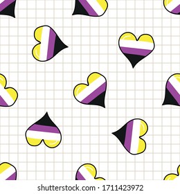 Cute non binary heart cartoon seamless vector pattern. Hand drawn isolated pride flag for LGBTQ blog. Transgender stripe background all over print. Gender community tolerance tile.