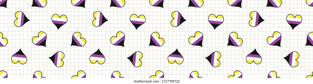 Cute non binary heart cartoon seamless vector border. Hand drawn isolated pride flag for LGBTQ blog. Transgender stripe background all over print. Gender community tolerance tile.