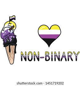 Cute non binary ice cream cone cartoon vector illustration motif set. LGBTQ gender sweet treat elements for pride blog. Typography graphic for summer web buttons.