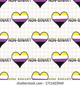 Cute non binary with text heart cartoon seamless vector pattern. Hand drawn isolated pride flag for LGBTQ blog. Transgender stripe background all over print. Gender community tolerance tile.