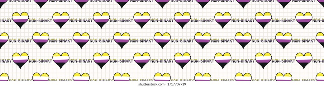 Cute non binary with text heart cartoon seamless vector border. Hand drawn isolated pride flag for LGBTQ blog. Transgender stripe background all over print. Gender community tolerance tile.