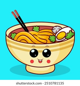 Cute Noodle in Bowl Cartoon Icon Illustration with Topped Boiled Egg, Vegetables and Fish Cake. Icon Food Object Concept