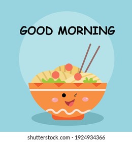 Cute noodle bowl good morning character vector template design illustration