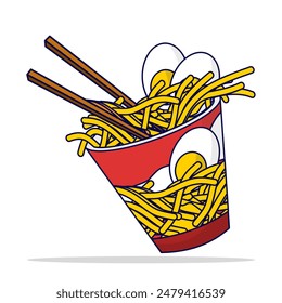 Caricatura linda de la caja de fideos, concepto de personaje de comida asiática, fideos, caja de wok, caja de fideos con palillos. Icono aislado del objeto de la comida del Vector de Premium. Estilo plano de la historieta.