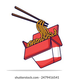 Cute Noodle Box Cartoon, Asian food character concept, noodles, wok box, Noodle Box with Chopsticks. Isolated Premium Vector Food Object Icon. Flat Cartoon Style.