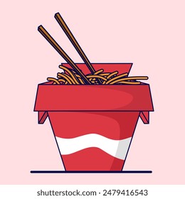 Cute Noodle Box Cartoon, Asian food character concept, noodles, wok box, Noodle Box with Chopsticks. Isolated Premium Vector Food Object Icon. Flat Cartoon Style.