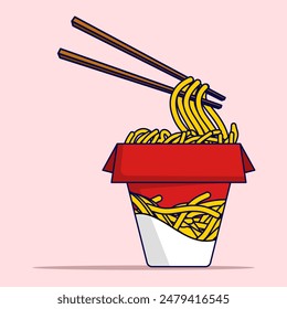 Cute Noodle Box Cartoon, Asian food character concept, noodles, wok box, Noodle Box with Chopsticks. Isolated Premium Vector Food Object Icon. Flat Cartoon Style.