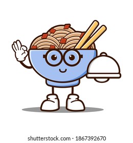 cute noodle cartoon mascot character funny expression holding food cover