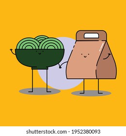 Cute noodle and package hold hand Illustration. modern simple food vector icon, flat graphic symbol in trendy flat design style. Food character.