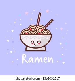 Cute Noodle Ramen Bowl Cartoon Comic Character With Smiling Face Happy Emoji Kawaii Style Asian Traditional Food Concept