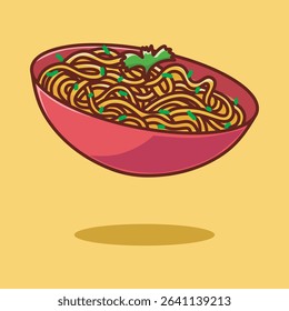 Cute noodle vector. Traditional asian ramen soup with in red bowl. Japanese food. Vector illustration in flat style isolated on yellow background.