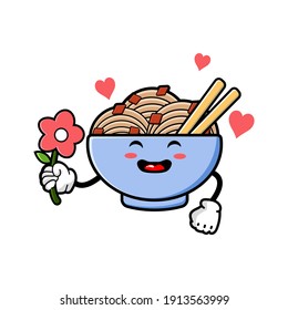 cute noodles cartoon mascot character funny expression giving flower