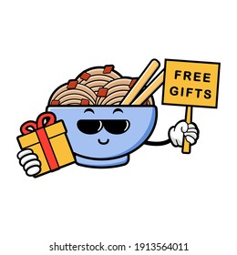 cute noodles cartoon mascot character funny expression  holding gifts box