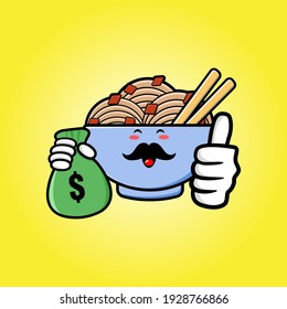 cute noodles cartoon mascot character funny expression holding money pouch with tumb up
