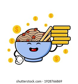 cute noodles cartoon mascot character funny expression holding coin pile
