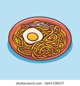 Cute noodles in a plate. Cooked noodles with egg top view. Food cartoon style.Vector illustration.