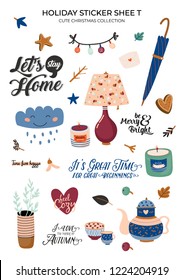 Cute nordic autumn and winter elements. Isolated on white background. Motivational typography of hygge quotes. Scandinavian style illustration good for stickers, labels, tags, cards, posters. Vector