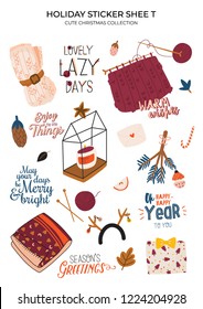 Cute nordic autumn and winter elements. Isolated on white background. Motivational typography of hygge quotes. Scandinavian style illustration good for stickers, labels, tags, cards, posters. Vector