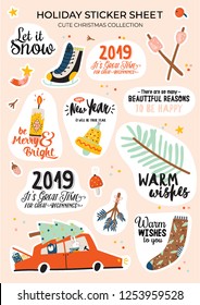 Cute nordic autumn and winter elements. Isolated on background. Motivational typography of hygge quotes. Scandinavian style illustration good for stickers, labels, tags, cards, posters. Vector