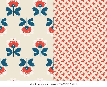 Cute Nordic floral seamless vector pattern duo, with stylized poppies and minimalist butterflies.